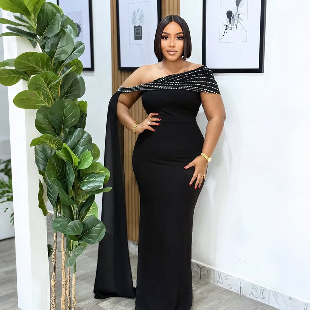 Sloping Shoulder Dress Sexy Sheath Slim Dress Maxi Dress Women by Ragazza