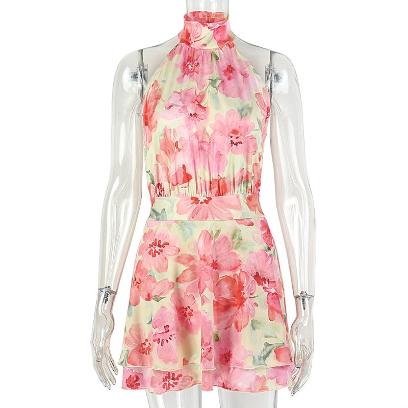 Printed Sweet Women Home Waist A line Dress Soft Holiday Turtleneck Sleeveless Dress by Ragazza