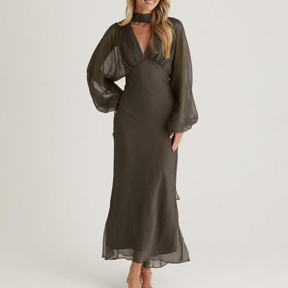 Elegant Women Clothing Autumn Design Pleated Dress Fashionable Scarf V neck Long Sleeve Narrow Maxi Dress