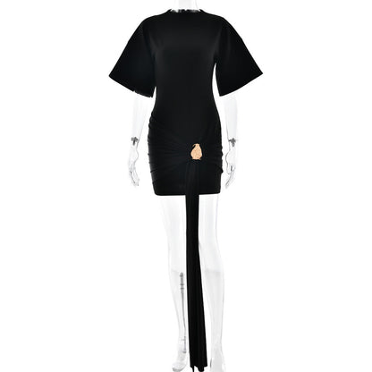Solid Color round Neck Hip Dress Sexy Waist Trimming Half Sleeve Ribbon Pleated Dress