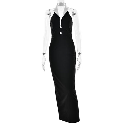 Spring Summer Elegant Collared Dress Sexy Backless Slit Slimming Dress by Ragazza