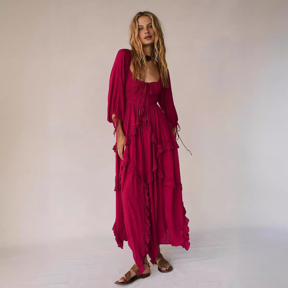 Fall U Collar Ruffled Lace Patchwork Slit Gentle Large Swing Dress Dress by Ragazza