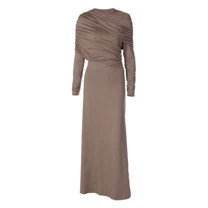 Women Clothing Autumn Fashionable Elegant Slim Fit Crumpled Irregular Asymmetric Solid Color Long Sleeved Dress