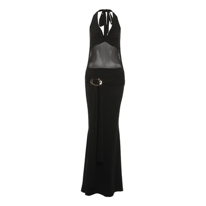 Fall Women Clothing Sexy Mesh Stitching Semi See through Slim Fit Halter Tied Dress Women by Ragazza