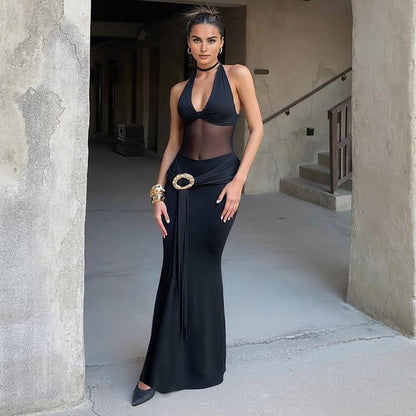 Fall Women Clothing Sexy Mesh Stitching Semi See through Slim Fit Halter Tied Dress Women by Ragazza