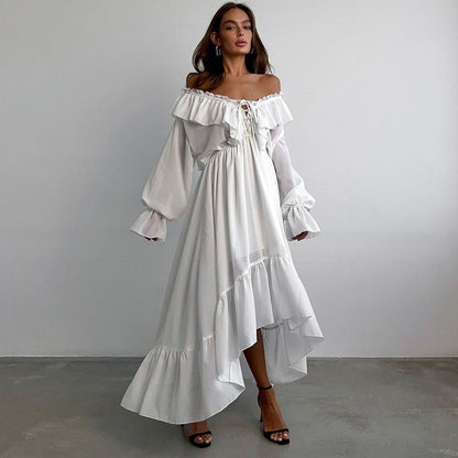 Drawstring V neck Flared Sleeves Chiffon Dress Asymmetric Design White Casual Long A line Dress