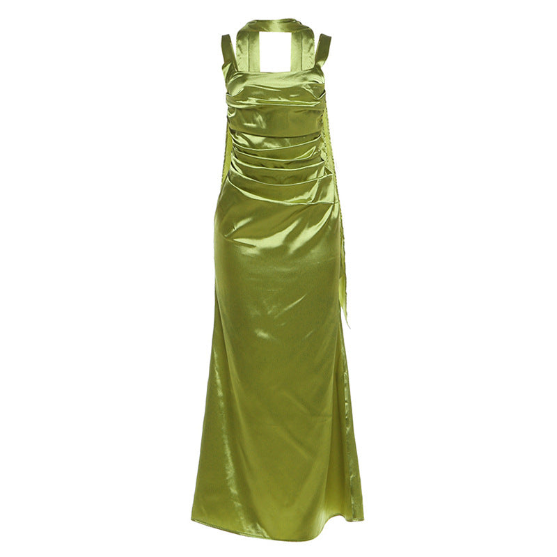 Spring Women Clothing Solid Color Square Collar Slim Fit Backless Pleated Dress by Ragazza