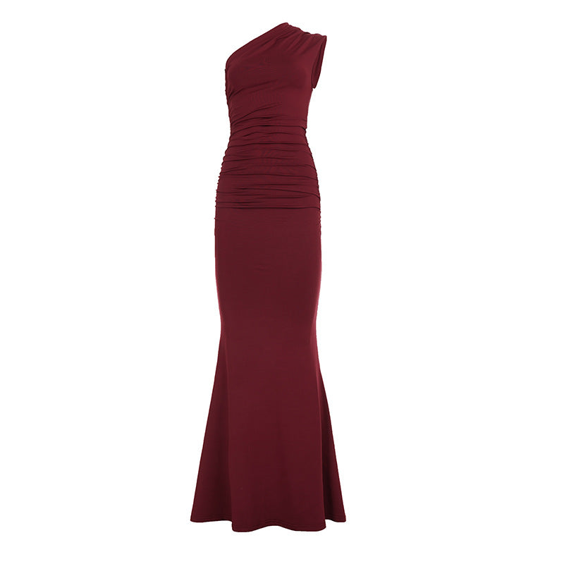 Women Elegant One Shoulder Maxi Dress Solid Color Slim Fit Socialite Cocktail Evening Dress by Ragazza