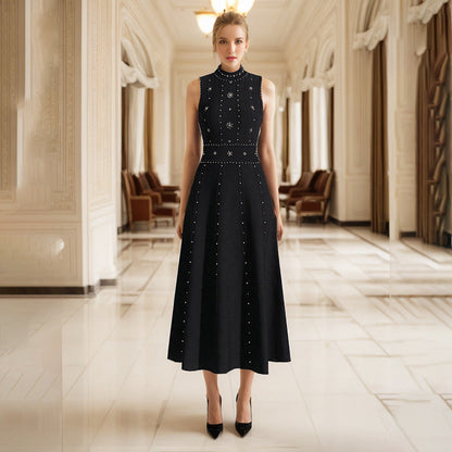 Elegant Spring Beads Rhinestones round Neck Sleeveless Waist Slimming Slim Fit A line Dress