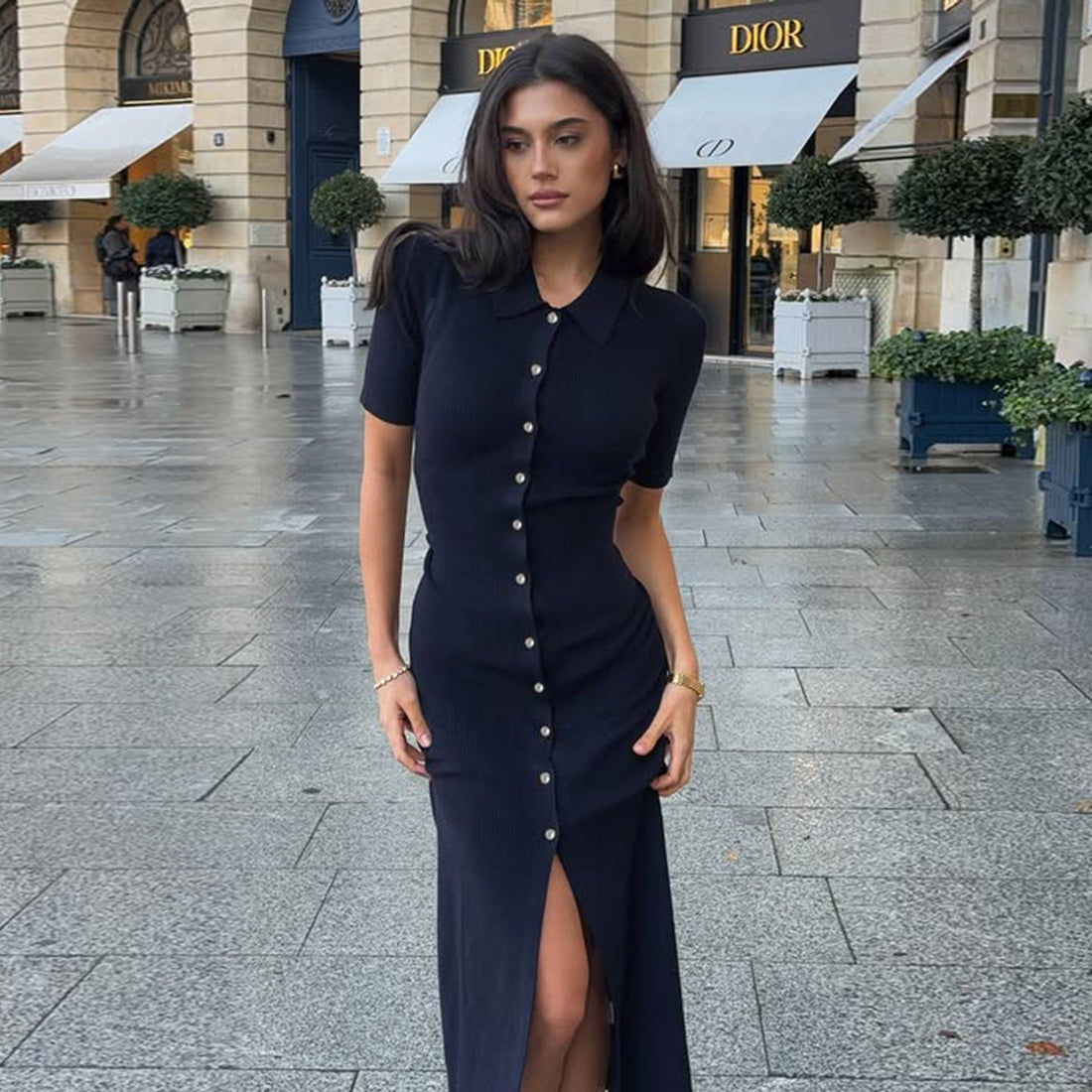 Women Basic Solid Color Knitted Breasted Polo Collar Short Sleeve Dress Elegant Dress