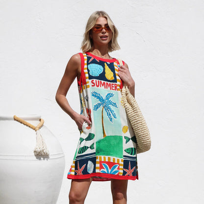 Dress Positioning Multicolor Printing Sleeveless Vest Dress