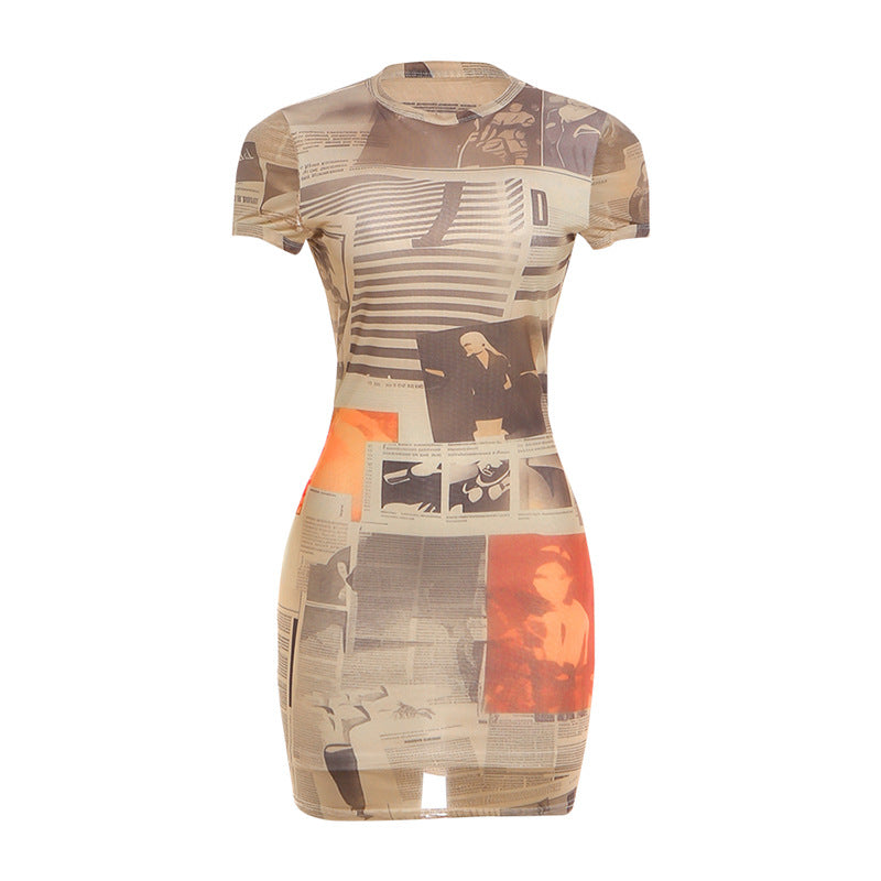 Spring Women Wear Round neck Short sleeve Slim fit Sexy Sheath Mini Dress Printed One piece Dress by Ragazza