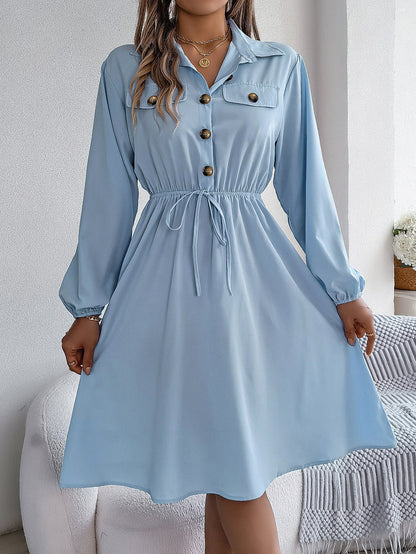 Real Shot Autumn Winter Casual Button Lace up Waist Controlled Long Sleeves Shirt Dress Women Clothing