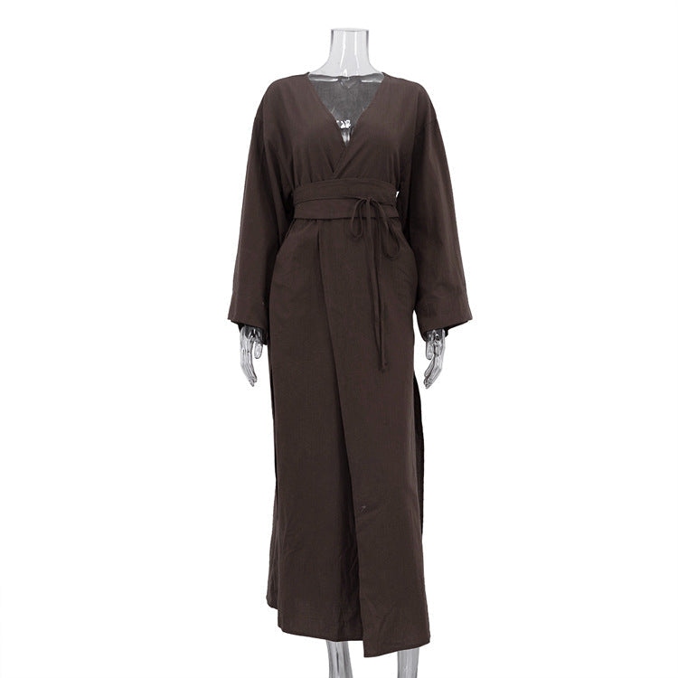 Women Clothing Casual Loose Dress Simple V neck Long Sleeve Side Slit Self Tie Dress by Ragazza
