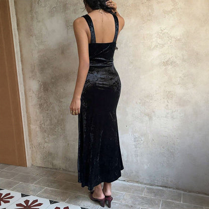 French Romantic Velvet Lace V neck Patchwork Sleeveless Dress Slim Fit Sheath Fishtail Dress Inner Wear
