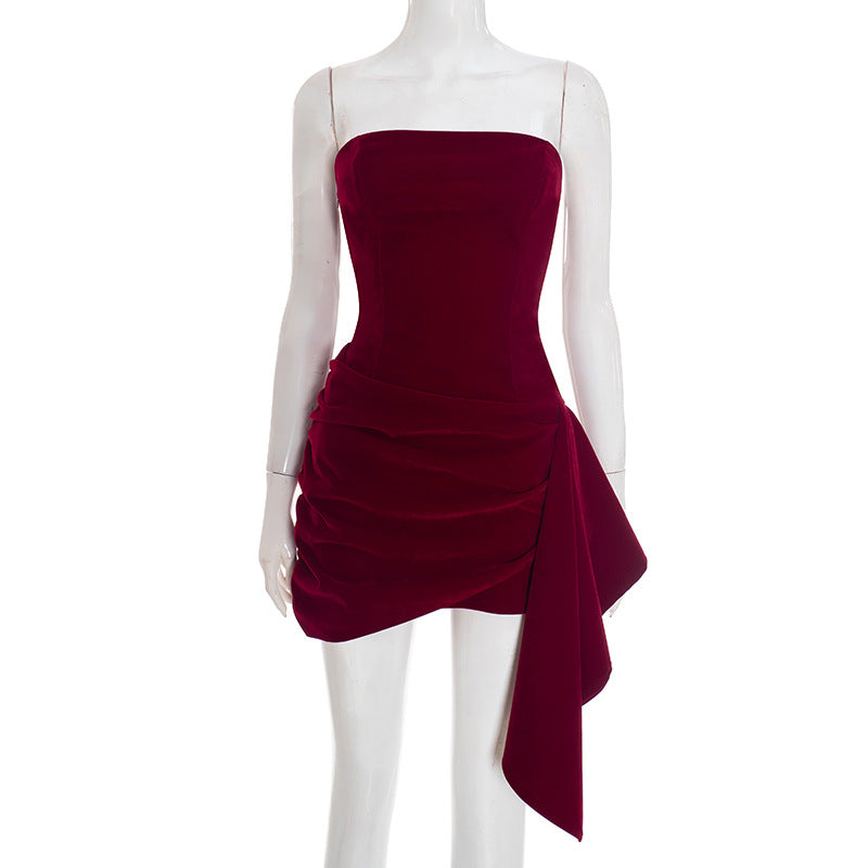 Women Clothing Winter Solid Color Elegant Graceful Suede Simple Tube Top Ribbon Short Dress