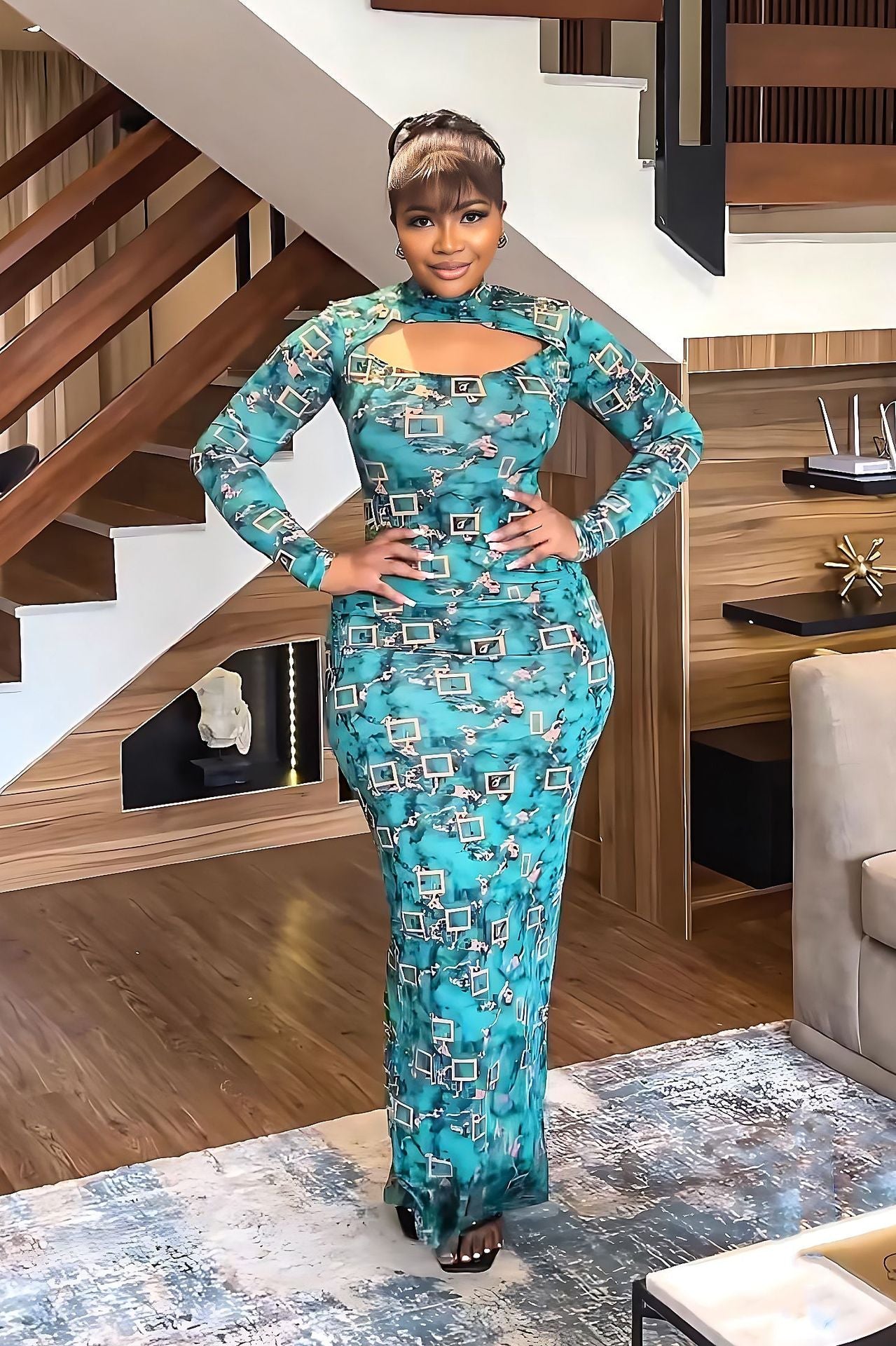 Elegant Turtleneck Long Sleeve Slim Women Clothing Split Print Maxi Dress