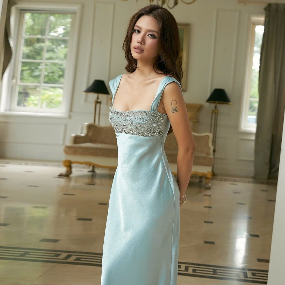 Autumn Winter Women Elegant Strap Tube Top Backless Rhinestone Waist Tight Maxi Dress for Women
