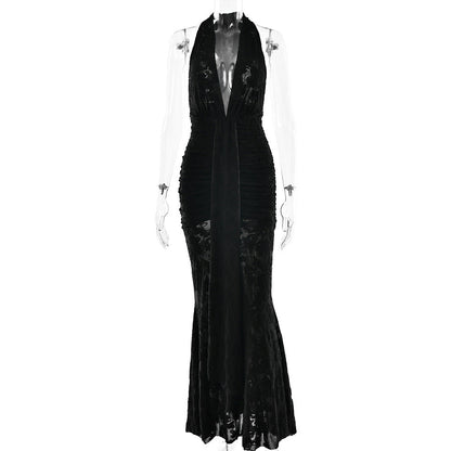 Lace Pleated Maxi Dress Women Sexy Deep V Plunge neck Backless Sheath Dress by Ragazza