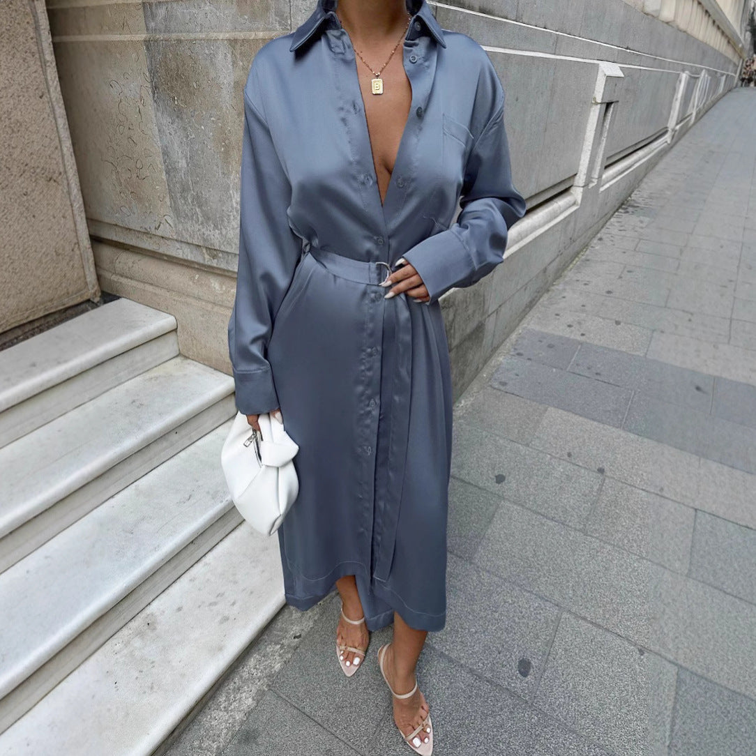 Haze Blue Waist Slimming Satin Sexy Slit Dress Fall Winter Dress by Ragazza