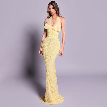 Yellow Heavy Industry Tube Bead Bow Halter Formal Dress Vision Dress Elegant by Ragazza