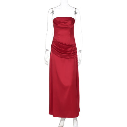 Summer Women Solid Color Graceful Satin Pleated Slim Tube Top Dress by Ragazza