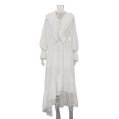 Drawstring V neck Flared Sleeves Chiffon Dress Asymmetric Design White Casual Long A line Dress
