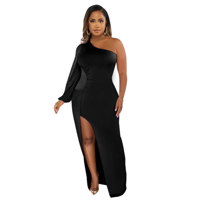 Supply Women Wear One Shoulder Lantern Sleeve Slim Fit Sexy Slit Dress by Ragazza