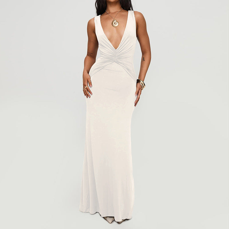 Milk Silk Dress Sexy V neck Halter Backless Pleated Long Fish Tail Dress by Ragazza