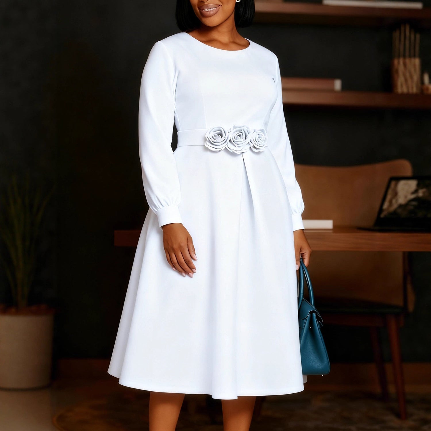 Women Clothing Autumn Winter Dress Solid Color round Neck Floral Swing Dress