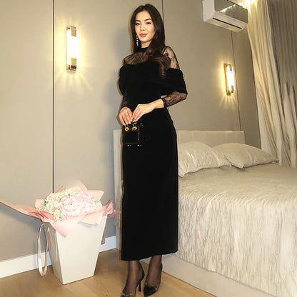 Winter Women Clothing Elegant Graceful Slim Fit Pleated Design Lace Stitching Dress