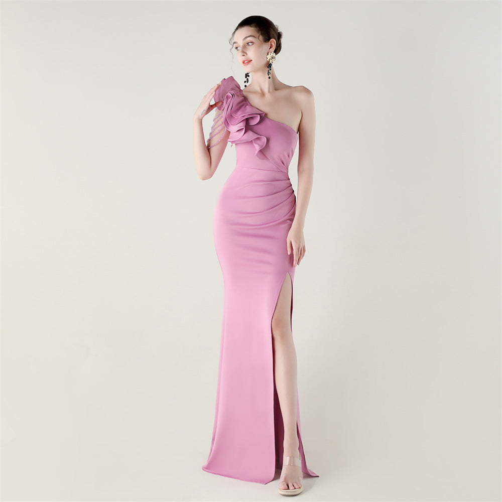 One Shoulder Craft Beading Wave Floral Satin High Slit Sexy Evening Dress Dinner Party Wedding Social