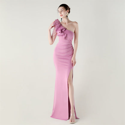 One Shoulder Craft Beading Wave Floral Satin High Slit Sexy Evening Dress Dinner Party Wedding Social