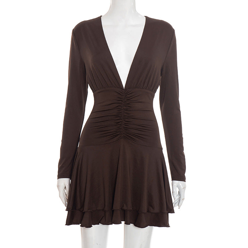Women Clothing Autumn Winter Solid Color Casual Elegant Slim Deep V Plunge Long Sleeve Ruffled Dress