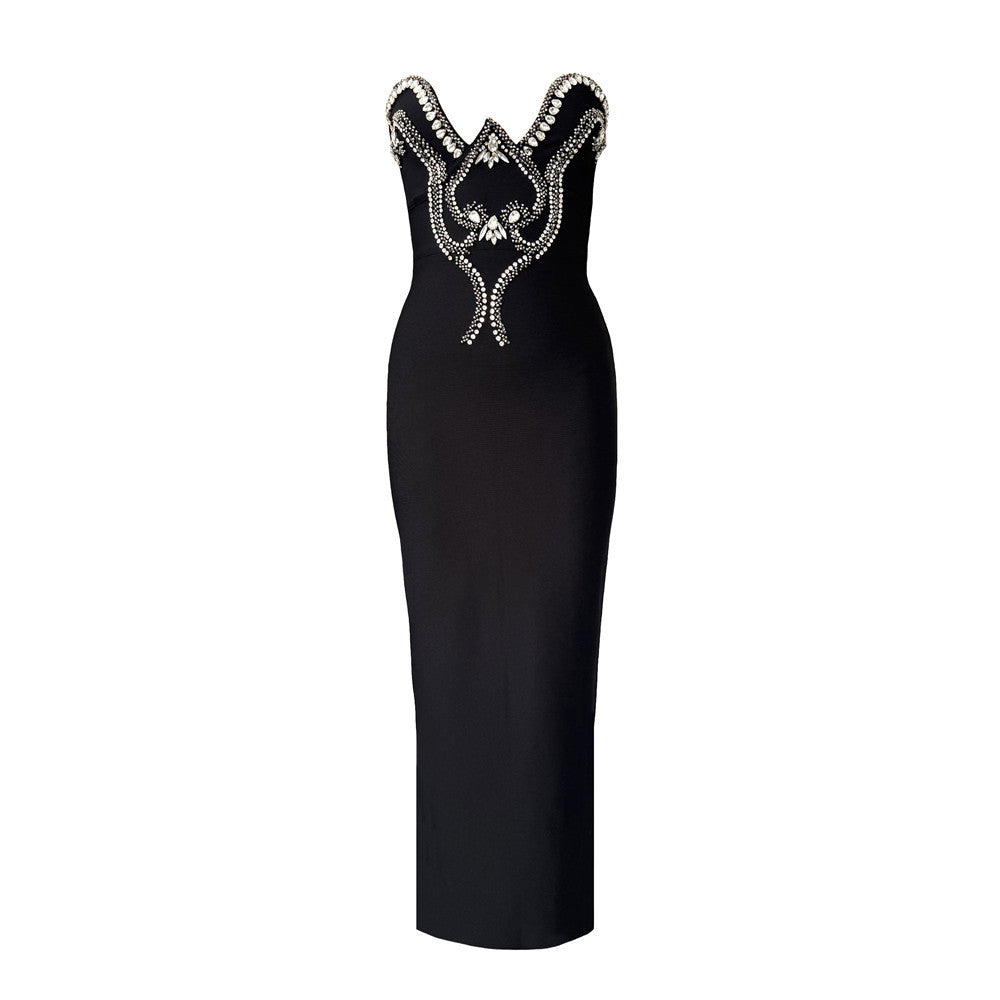 Niche Design Beads Rhinestones Tube Top Bandage One Piece Dress Party Evening Dress Slim Fit Maxi Dress by Ragazza