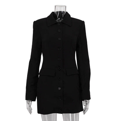 Polo Collar Long-Sleeved Cardigan Skinny Short Sheath Dress Street Black Shirt Dress