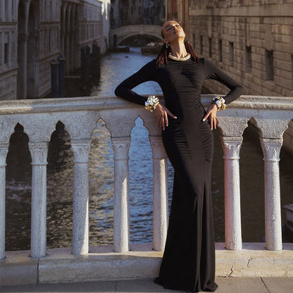 Autumn Women Clothing French Elegant round Neck Long Sleeve Narrow Flattering Dress