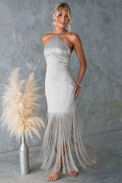 Summer Solid Color off Shoulder Tassel Skinny Sheath Dress Women