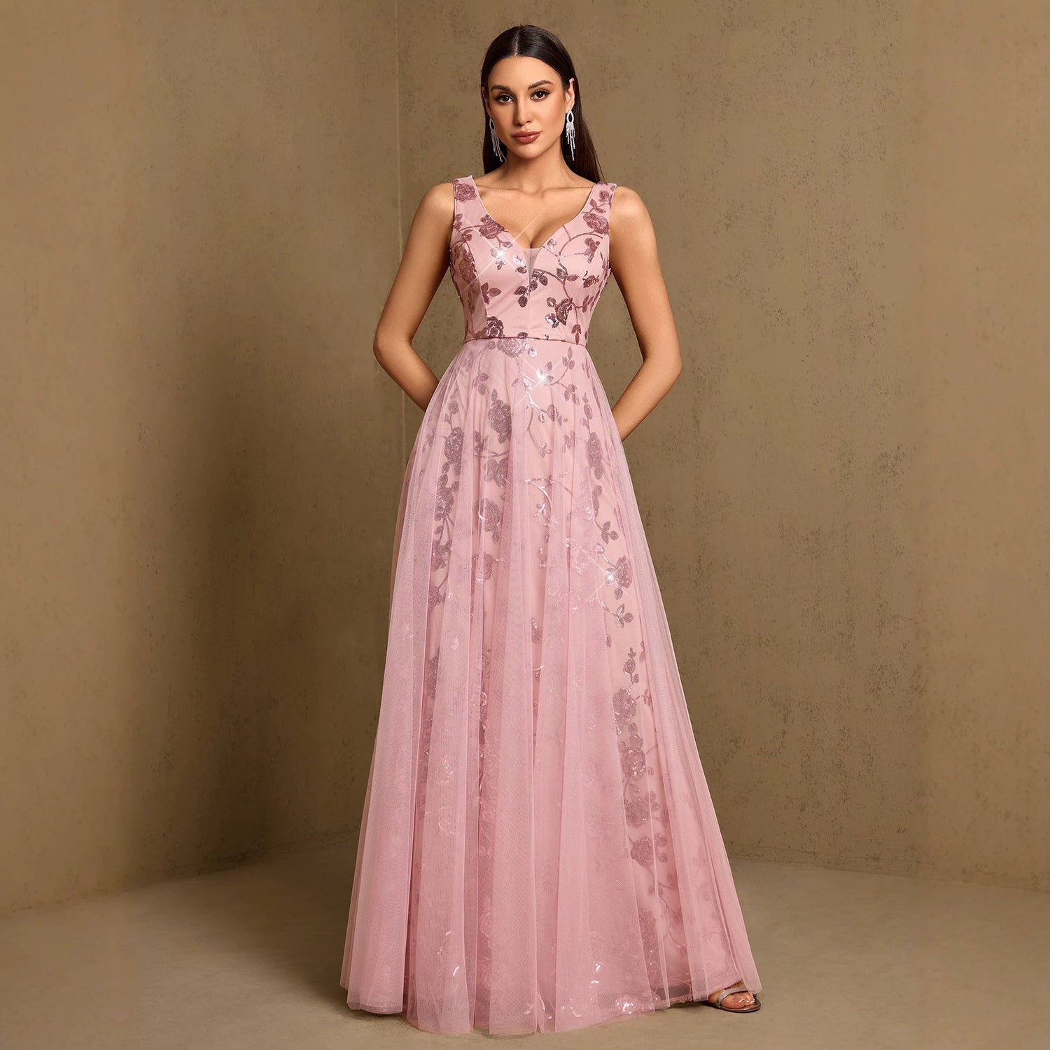 Sexy Deep V Plunge neck Large Swing Evening Dress Elegant Sexy Strap Pattern Sequin Gauze Dress Women by Ragazza