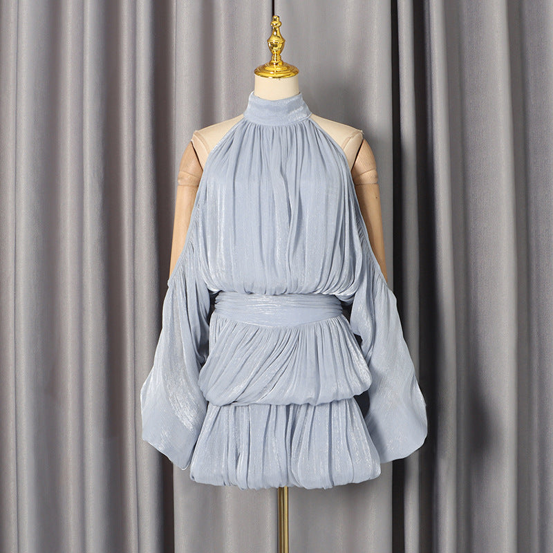 Summer Niche off the Shoulder Lantern Sleeve Waist Slimming Solid Color Dress Women by Ragazza