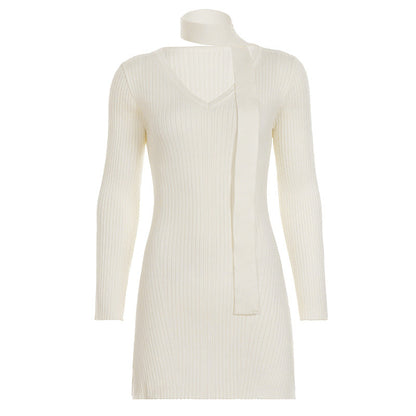 Elegance V neck Scarf Long Sleeve Woolen Dress Women Slim Fit Slimming Swing Dress