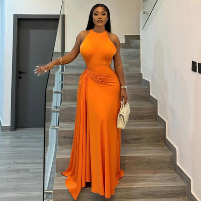 Women Clothing Fitted Waist Pleated Design Hip Dress Round Neck Sleeveless Dress