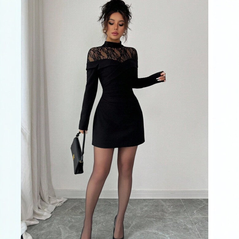 Lace Slim Fit Patchwork Long Sleeve Black Dress Women Sheath Dress by Ragazza