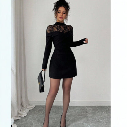 Lace Slim Fit Patchwork Long Sleeve Black Dress Women Sheath Dress by Ragazza