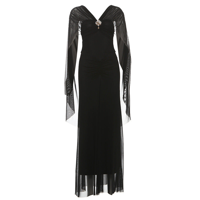Autumn Winter Women Clothing Ladies Mesh Stitching off Shoulder Tight Waist Sheath Dress for Women