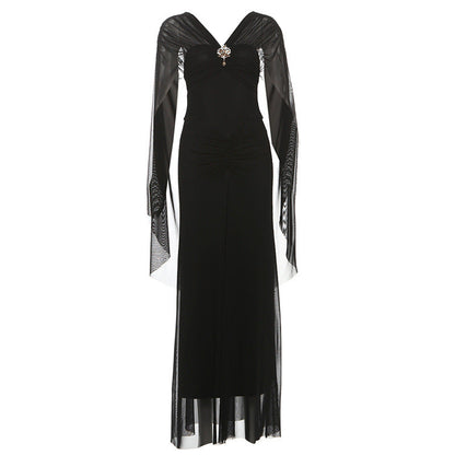 Autumn Winter Women Clothing Ladies Mesh Stitching off Shoulder Tight Waist Sheath Dress for Women