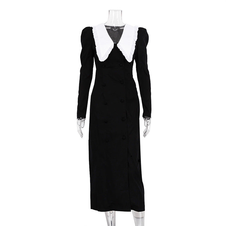 Autumn Winter Women Clothing Trend Black White Contrast Color Split Maxi Dress Doll Collar Long Sleeve French Dress
