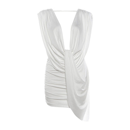 Autumn Winter Women Sexy Deep V Plunge Ruffle Hip Short Solid Color Dress