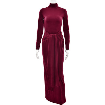 Autumn Winter Sexy Women Clothing Dress Half High Collar Long Sleeves Solid Color Maxi Dress Lace up Pleated Dress by Ragazza