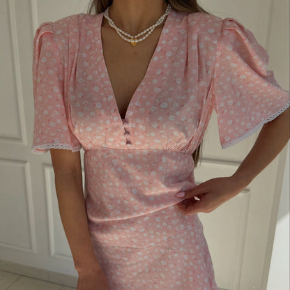 Women Clothing Summer Floral Dress Casual V neck Short Sleeve High Waist Short Dress by Ragazza